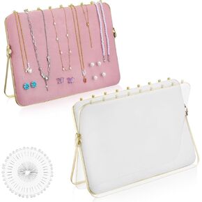 1 Pack Necklace Display Stands for Selling with 9 Hooks Velvet Jewelry Display Necklace Stand Holder Jewelry Organizer Stand for Vendors Events Showcase Stands (Pink & White Double-Sided)
