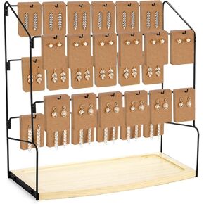 Hiceeden Earring Display Stand for Vendors, 5 Tier Jewelry Display with Wooden Tray for Selling, Earring Card Display Rack for Selling Bracelets, Necklaces, Rings, 16.5" W x 7" D x 16" H (30 Hooks)