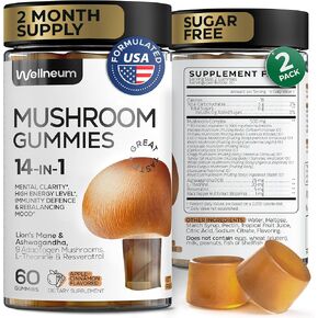 Mushroom Gummies 5000 Mg - Mane's Mane و 9 Mostogenic Mishrooms Blend - Ashwagandha ، L -theanine - Mushroom Gummies for Energy ، المناعة ، التركيز ، تعزيز الدماغ - لا يوجد سكر وكرمور الكائنات المعدلة وراثيًا - 120 قطعة (حزمة 2)
