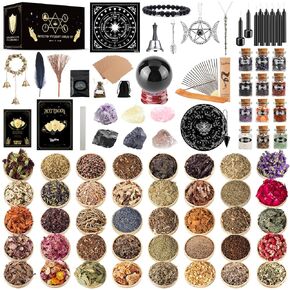 لوازم وأدوات Wiccan للحماية ، 130Pack Witchcraft يزود هدية ساحرة للمبتدئين ، والأعشاب المجففة ، والبلورات ، والشموع ، ومجموعة تعويذة الساحرة.