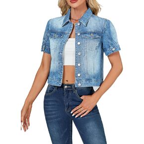 LifeShe Puff Short Sleeve Denim Jacket for Women Summer Cropped Jean Jacket Slim Non-stretch Crop Coat