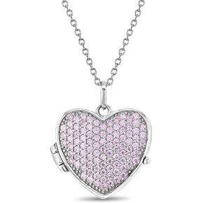 925 Sterling Silver 16" Personalized Pink Cubic Zirconia Heart Photo Locket Necklace - Shiny Heart Shape Pendant Locket Necklaces for Children & Preteens - Fashionable Pave Set CZ Jewelries for Girls