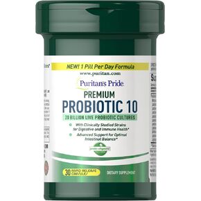 Puritan's Pride Premium Probiotic 10, 20 Billion CFU Clinically Studied Culture Strains, Dietary Supplement for Digestive, Gut, and Immune Health, 1 Month Supply, 30 Rapid Release Capsules