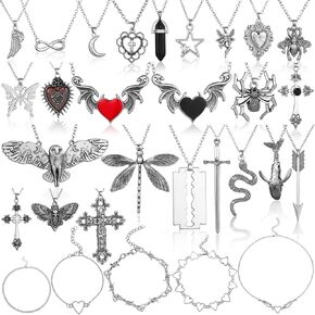 Bonuci 30 Pieces Grunge Necklace Set Goth Cross Necklace Y2K Necklet Punk Rock Vintage Harajuku Gothic Feather Chain Choker Necklet Jewelry Costume Accessories(Classic Style)