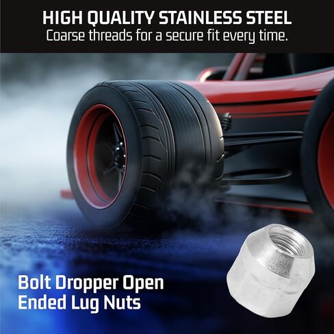 قطارة بولت 1/2"-20 صواميل ذات نهاية مفتوحة مع مقعد مخروطي (مجموعة من 24)، 3/4" 19 ملم صواميل عجلة مطلية بالكروم - m12x1.5 صواميل العروة - 7 مفتاح صواميل لوجو متوافق مع دودج داكوتا وجيب رانجلر in Kuwait