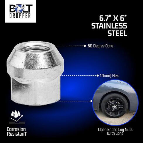 قطارة بولت 1/2"-20 صواميل ذات نهاية مفتوحة مع مقعد مخروطي (مجموعة من 24)، 3/4" 19 ملم صواميل عجلة مطلية بالكروم - m12x1.5 صواميل العروة - 7 مفتاح صواميل لوجو متوافق مع دودج داكوتا وجيب رانجلر in Kuwait