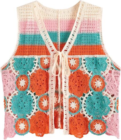 Verdusa Women's Boho Floral Crochet Sweater Vest Tie Front Knitted Sleeveless Cardigan in Saudi Arabia