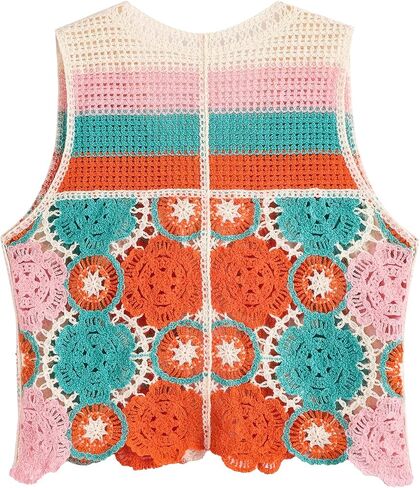 Verdusa Women's Boho Floral Crochet Sweater Vest Tie Front Knitted Sleeveless Cardigan in Saudi Arabia