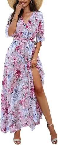 Womens Half Sleeve Wrap v الرقبة شيفون الأزهار غير الرسمية الفستان الربيعي الربيع الصيفي الزفاف ضيف للنساء 2025 in Kuwait