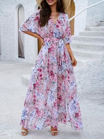 Womens Half Sleeve Wrap v الرقبة شيفون الأزهار غير الرسمية الفستان الربيعي الربيع الصيفي الزفاف ضيف للنساء 2025 in Kuwait