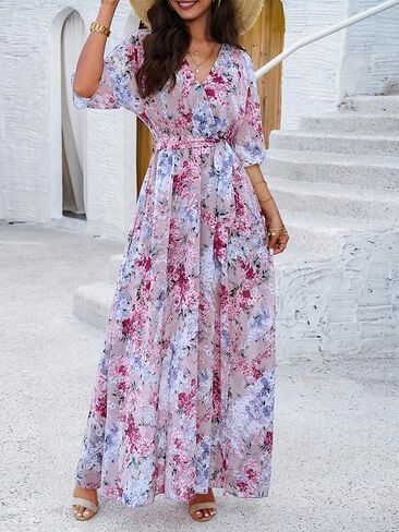 Womens Half Sleeve Wrap v الرقبة شيفون الأزهار غير الرسمية الفستان الربيعي الربيع الصيفي الزفاف ضيف للنساء 2025 in Kuwait