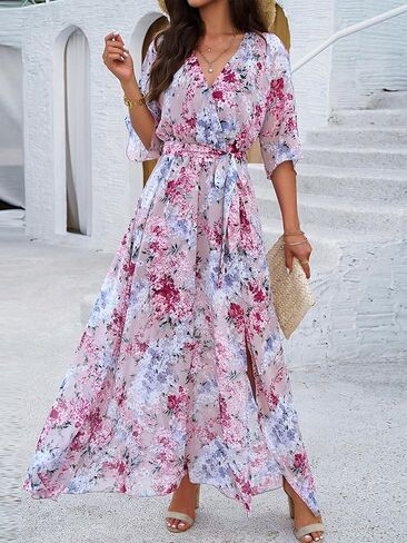 Womens Half Sleeve Wrap v الرقبة شيفون الأزهار غير الرسمية الفستان الربيعي الربيع الصيفي الزفاف ضيف للنساء 2025 in Kuwait