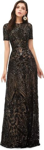 Women's Short Sleeves Sequins Sweep-Train Mermaid Evening Dress in Saudi Arabia