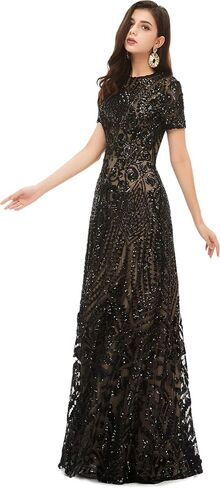 Women's Short Sleeves Sequins Sweep-Train Mermaid Evening Dress in Saudi Arabia