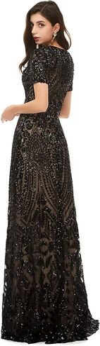 Women's Short Sleeves Sequins Sweep-Train Mermaid Evening Dress in Saudi Arabia