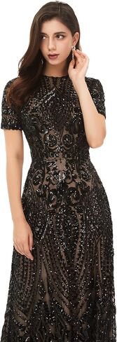 Women's Short Sleeves Sequins Sweep-Train Mermaid Evening Dress in Saudi Arabia