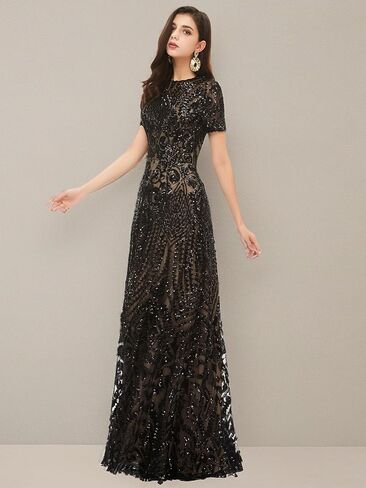 Women's Short Sleeves Sequins Sweep-Train Mermaid Evening Dress in Saudi Arabia