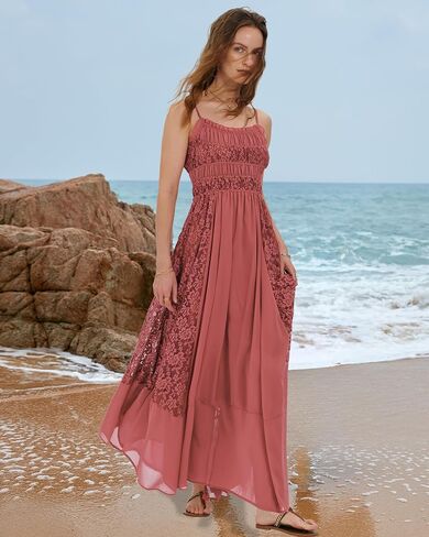 Gacaky Summer Dress for Women Casual Lace Floral Embroidered Bohemian Maxi Dress Flowy A Line Beach Long Dress in Kuwait