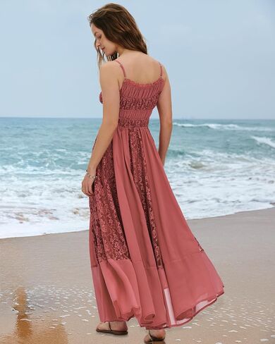 Gacaky Summer Dress for Women Casual Lace Floral Embroidered Bohemian Maxi Dress Flowy A Line Beach Long Dress in Kuwait