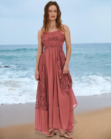 Gacaky Summer Dress for Women Casual Lace Floral Embroidered Bohemian Maxi Dress Flowy A Line Beach Long Dress in Kuwait