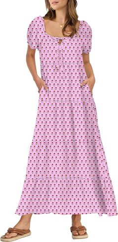 ANRABESS Women's Boho Maxi Dresses 2025 Summer Casual Floral Puff Short Sleeve Tie Front Flowy Swing Tiered Long Beach Dress in Saudi Arabia