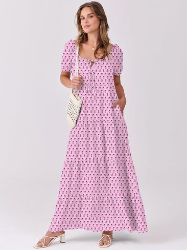 ANRABESS Women's Boho Maxi Dresses 2025 Summer Casual Floral Puff Short Sleeve Tie Front Flowy Swing Tiered Long Beach Dress in Saudi Arabia