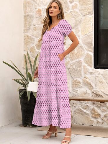 ANRABESS Women's Boho Maxi Dresses 2025 Summer Casual Floral Puff Short Sleeve Tie Front Flowy Swing Tiered Long Beach Dress in Saudi Arabia