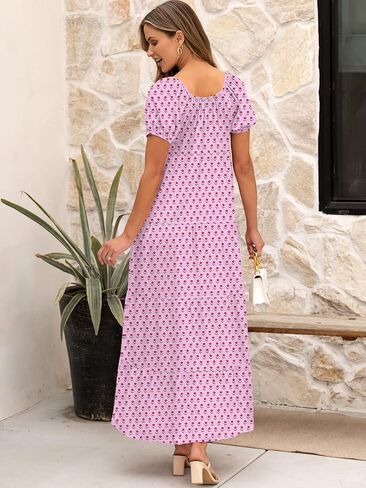 ANRABESS Women's Boho Maxi Dresses 2025 Summer Casual Floral Puff Short Sleeve Tie Front Flowy Swing Tiered Long Beach Dress in Saudi Arabia