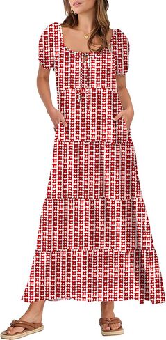 ANRABESS Women's Boho Maxi Dresses 2025 Summer Casual Floral Puff Short Sleeve Tie Front Flowy Swing Tiered Long Beach Dress in Kuwait