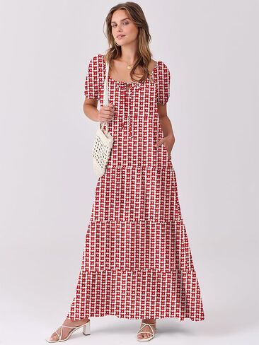 ANRABESS Women's Boho Maxi Dresses 2025 Summer Casual Floral Puff Short Sleeve Tie Front Flowy Swing Tiered Long Beach Dress in Kuwait