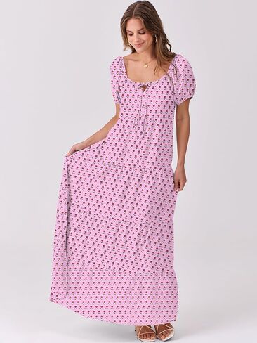 ANRABESS Women's Boho Maxi Dresses 2025 Summer Casual Floral Puff Short Sleeve Tie Front Flowy Swing Tiered Long Beach Dress in Saudi Arabia