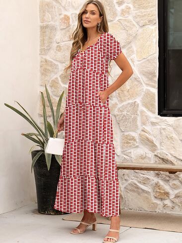 ANRABESS Women's Boho Maxi Dresses 2025 Summer Casual Floral Puff Short Sleeve Tie Front Flowy Swing Tiered Long Beach Dress in Kuwait