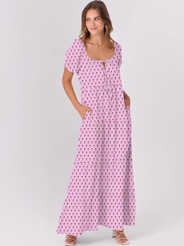 ANRABESS Women's Boho Maxi Dresses 2025 Summer Casual Floral Puff Short Sleeve Tie Front Flowy Swing Tiered Long Beach Dress in Saudi Arabia