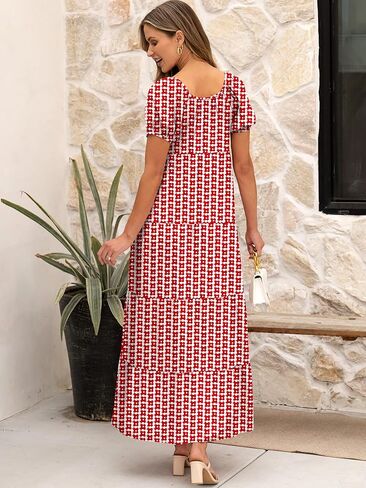 ANRABESS Women's Boho Maxi Dresses 2025 Summer Casual Floral Puff Short Sleeve Tie Front Flowy Swing Tiered Long Beach Dress in Kuwait