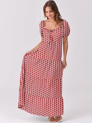 ANRABESS Women's Boho Maxi Dresses 2025 Summer Casual Floral Puff Short Sleeve Tie Front Flowy Swing Tiered Long Beach Dress in Kuwait