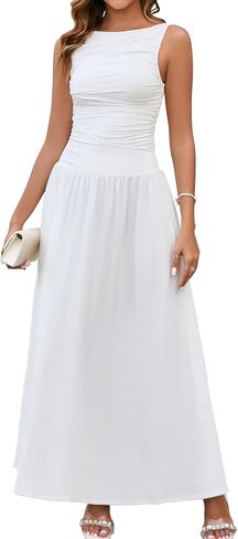 EYNMIN Summer Sleeveless Long Dress Crewneck Ruched Tank Flowy A Line Casual Formal Wedding Guest Dresses for Women in Kuwait