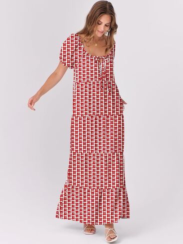 ANRABESS Women's Boho Maxi Dresses 2025 Summer Casual Floral Puff Short Sleeve Tie Front Flowy Swing Tiered Long Beach Dress in Kuwait