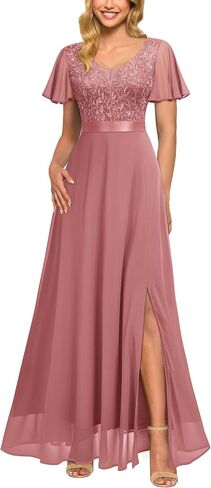 Miusol Women's V-Neck Sequin Lace Classy Ruffle Sleeve Bridesmaid Maxi Dress in Saudi Arabia