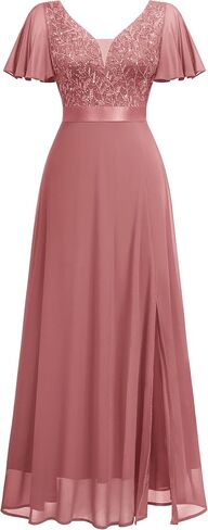 Miusol Women's V-Neck Sequin Lace Classy Ruffle Sleeve Bridesmaid Maxi Dress in Saudi Arabia