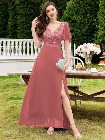 Miusol Women's V-Neck Sequin Lace Classy Ruffle Sleeve Bridesmaid Maxi Dress in Saudi Arabia