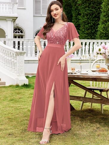 Miusol Women's V-Neck Sequin Lace Classy Ruffle Sleeve Bridesmaid Maxi Dress in Saudi Arabia