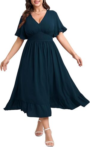 SHETARR Women Plus Size V Neck Maxi Dress Short Sleeve Smocked Waist Ruffle Hem Flowy Summer Formal Dresses for Wedding Guest in Saudi Arabia
