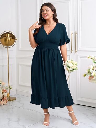 SHETARR Women Plus Size V Neck Maxi Dress Short Sleeve Smocked Waist Ruffle Hem Flowy Summer Formal Dresses for Wedding Guest in Saudi Arabia