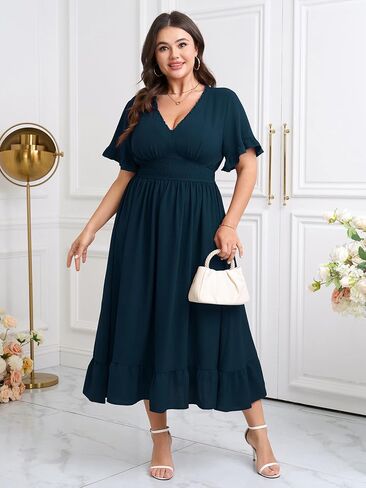 SHETARR Women Plus Size V Neck Maxi Dress Short Sleeve Smocked Waist Ruffle Hem Flowy Summer Formal Dresses for Wedding Guest in Saudi Arabia