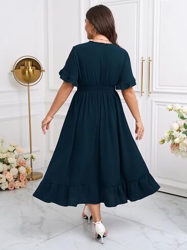 SHETARR Women Plus Size V Neck Maxi Dress Short Sleeve Smocked Waist Ruffle Hem Flowy Summer Formal Dresses for Wedding Guest in Saudi Arabia