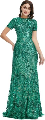 Women's Short Sleeves Sequins Sweep-Train Mermaid Evening Dress in Saudi Arabia
