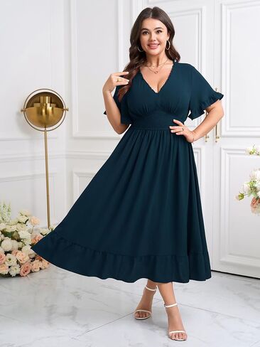 SHETARR Women Plus Size V Neck Maxi Dress Short Sleeve Smocked Waist Ruffle Hem Flowy Summer Formal Dresses for Wedding Guest in Saudi Arabia