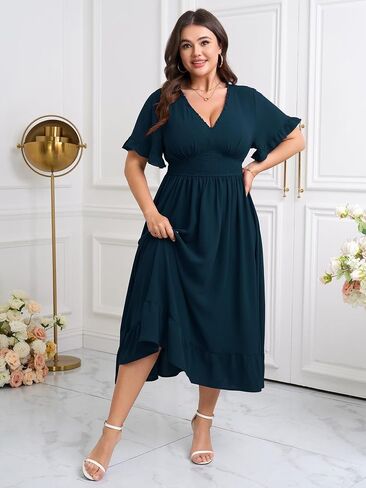 SHETARR Women Plus Size V Neck Maxi Dress Short Sleeve Smocked Waist Ruffle Hem Flowy Summer Formal Dresses for Wedding Guest in Saudi Arabia