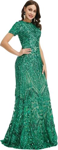 Women's Short Sleeves Sequins Sweep-Train Mermaid Evening Dress in Saudi Arabia