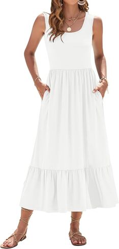AUSELILY Womens Summer Dresses 2025 Sleeveless Maxi Dress Square Neck Casual Tiered Long Dress with Pockets in Saudi Arabia